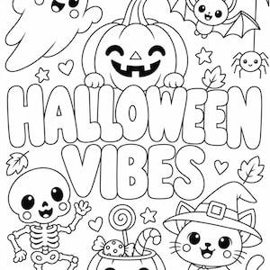 以下が含まれることがあります： HALLOWEEN VIBESという文字が書かれた白黒の塗り絵ページ。笑顔のゴースト、カボチャ、コウモリ、クモ、骸骨、魔女の帽子をかぶった猫、お菓子が入った大釜、星、ハート、葉っぱが描かれています。