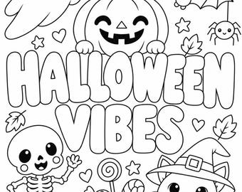 Halloween Vibes Coloring Page for Kids, Cute Halloween Printable, Pumpkin Ghost Cat Coloring Page, A4 PDF