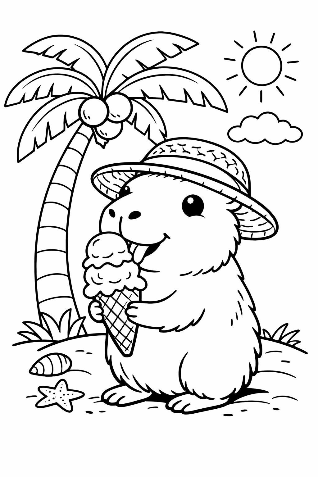 Capybara Coloring Page for Kids, Kawaii Animal Coloring Sheet, Summer ...