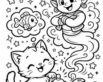 Pagina da colorare di un simpatico gatto per bambini, pagina da colorare stampabile della lampada del genio, foglio da colorare fantasy per bambini in formato A4