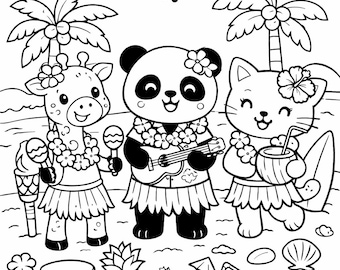 Hawaiian Party Coloring Page for Kids – Cute Luau Animals, Printable PDF A4