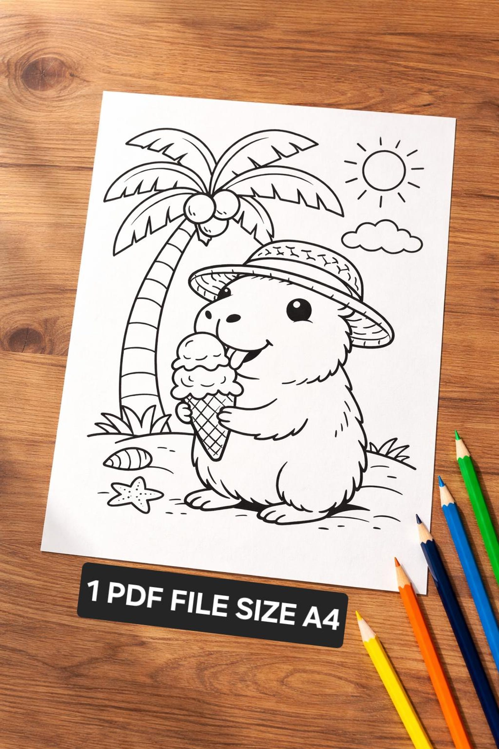 Capybara Coloring Page for Kids, Kawaii Animal Coloring Sheet, Summer ...