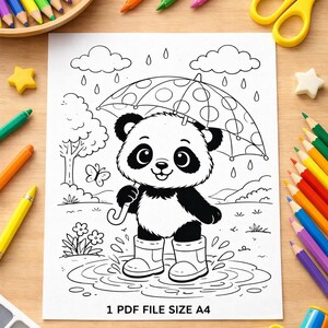 Puede incluir: P&aacute;gina para colorear de oso panda en blanco y negro con un paraguas, lluvia y charcos. La imagen incluye el texto "1 PDF FILE SIZE A4". L&aacute;pices de colores, tijeras y gomas de borrar en forma de estrella rodean la p&aacute;gina.