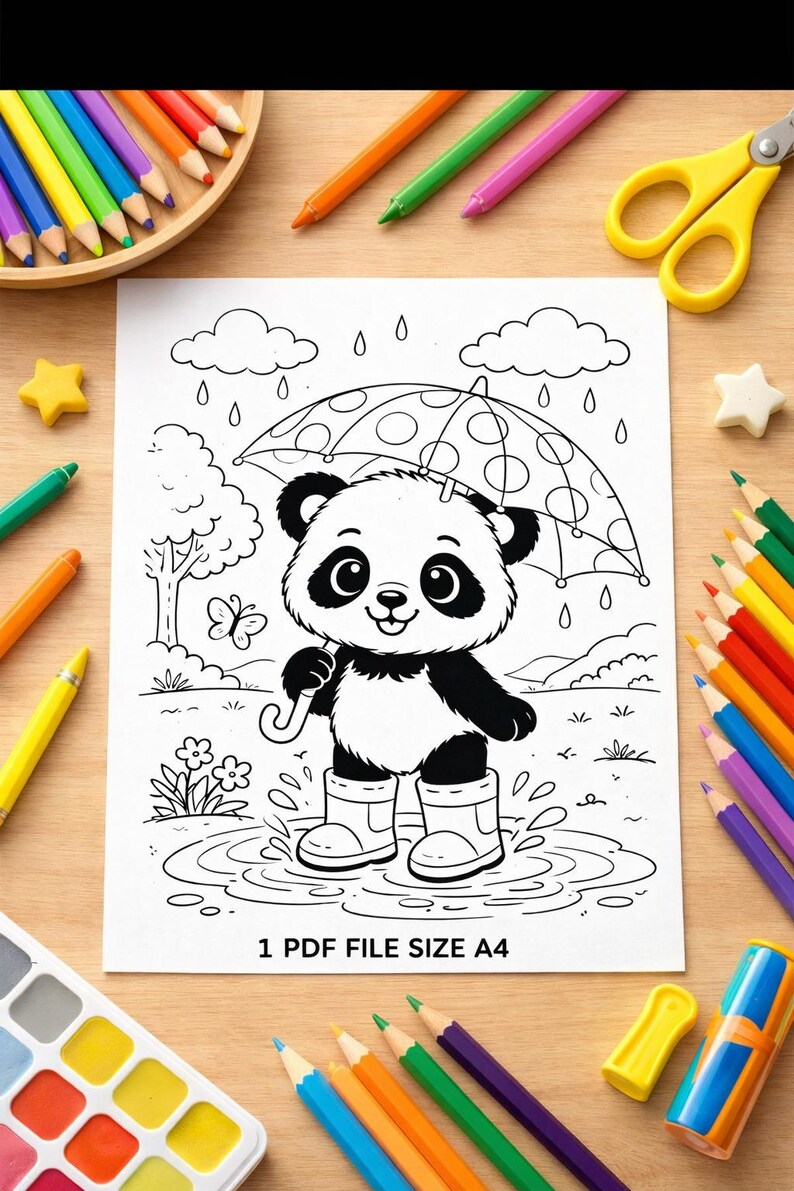 Puede incluir: P&aacute;gina para colorear de oso panda en blanco y negro con un paraguas, lluvia y charcos. La imagen incluye el texto "1 PDF FILE SIZE A4". L&aacute;pices de colores, tijeras y gomas de borrar en forma de estrella rodean la p&aacute;gina.