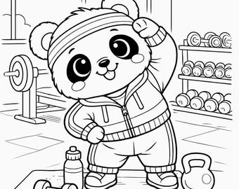 Panda Coloring Sheet | Gym Panda for Kids | Cute Fitness Animal | Printable A4 PDF