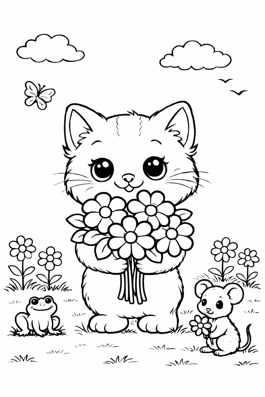 Cute Kitten Coloring Page – Kawaii Cat With Flowers, Summer Coloring ...