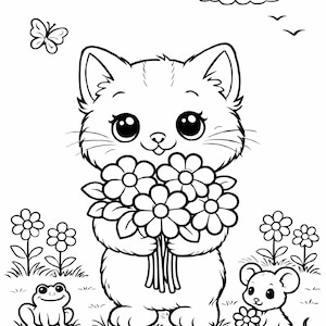 Puede incluir: Ilustración en blanco y negro de un lindo gatito sosteniendo un ramo de flores. También hay una rana y un ratón, cada uno con una flor. La escena incluye flores, hierba, nubes, una mariposa y pájaros.
