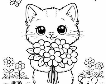 Disegno da colorare di un gattino carino – Gatto Kawaii con fiori, disegno da colorare estivo, disegno da colorare stampabile per bambini