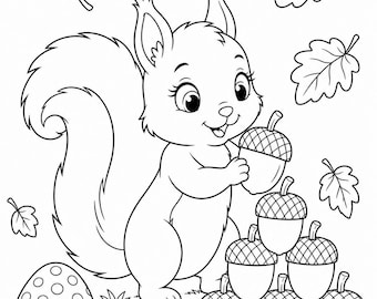Autumn Squirrel Coloring Page, Cute Squirrel with Acorns, Fall Woodland Animal Coloring Page, Printable PDF for Kids
