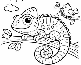 Pagina da colorare di camaleonte stampabile per bambini – Simpatico animale in formato A4 PDF da scaricare immediatamente, attività per la scuola materna