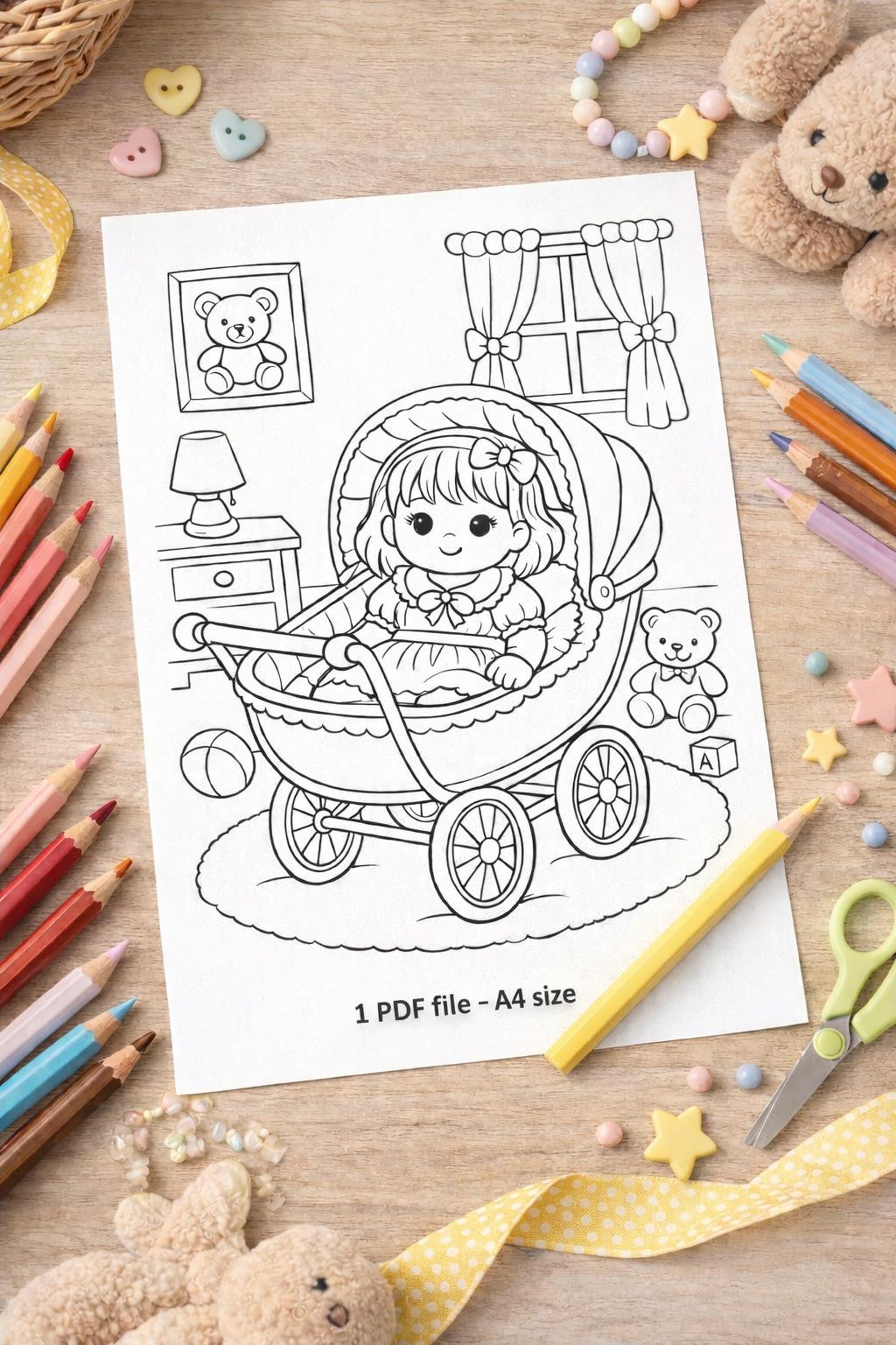 Baby Doll Coloring Page | Cute Doll in Stroller | Printable Kids