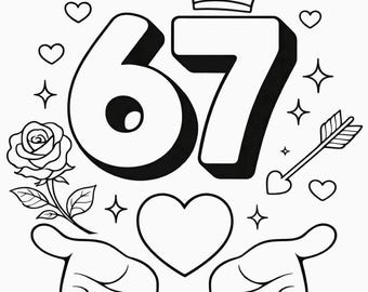 67 Coloring Page – Valentine’s Day Number Printable, Cute Love Hearts, Adult & Kids Coloring Page, Digital Download, PDF A4