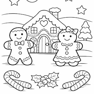 May include: A black and white colouring page illustration featuring two gingerbread cookies standing in front of a gingerbread house, with candy canes and holly berries in the foreground, under a night sky with stars and a crescent moon.