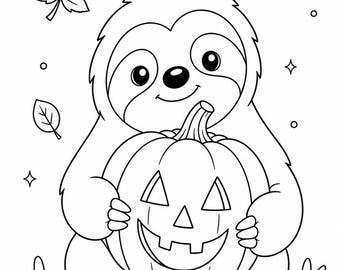 Pagina da colorare di un bradipo di Halloween stampabile / Disegno da colorare di una zucca carina per bambini / Attività di colorazione autunnale facile / Download immediato in PDF