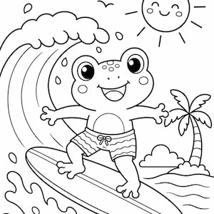 May include: Black and white illustration of a cartoon frog surfing on a surfboard. The frog is wearing striped swim trunks and is smiling. A smiling sun, palm tree, and waves are also in the image.
