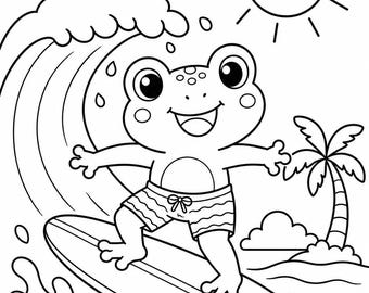 Pagina da colorare con rana surfista estiva, simpatico animale da spiaggia stampabile, attività estiva per bambini, foglio da colorare per bambini piccoli, download immediato in PDF, formato A4