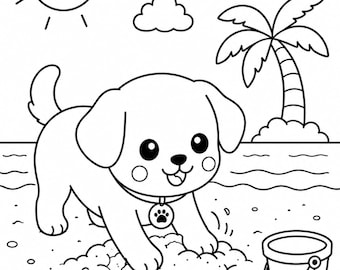 Disegno da colorare di un cucciolo in spiaggia per bambini / PDF stampabile in formato A4 / Facile disegno da colorare di un cane estivo / Attività per bambini piccoli e in età prescolare / Download immediato