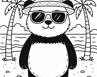 Panda-Malvorlage | Panda am Strand | Sommeraktivität für Kinder (A4 PDF)