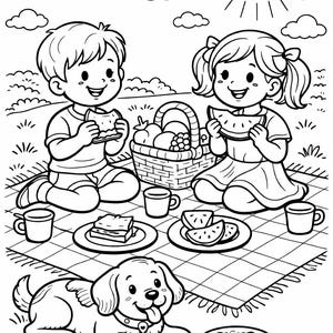 May include: Black and white line art illustration of a picnic scene. Two children are eating sandwiches and watermelon. A picnic basket, plates of food, and mugs are on a checkered blanket. A dog and a bowl of food are also present.