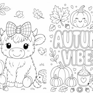 May include: A black and white coloring page featuring a fluffy highland cow with a plaid bow, surrounded by pumpkins, leaves, acorns, and a hedgehog. The right side displays the text AUTUMN VIBES above a mug, more pumpkins, and a mushroom.