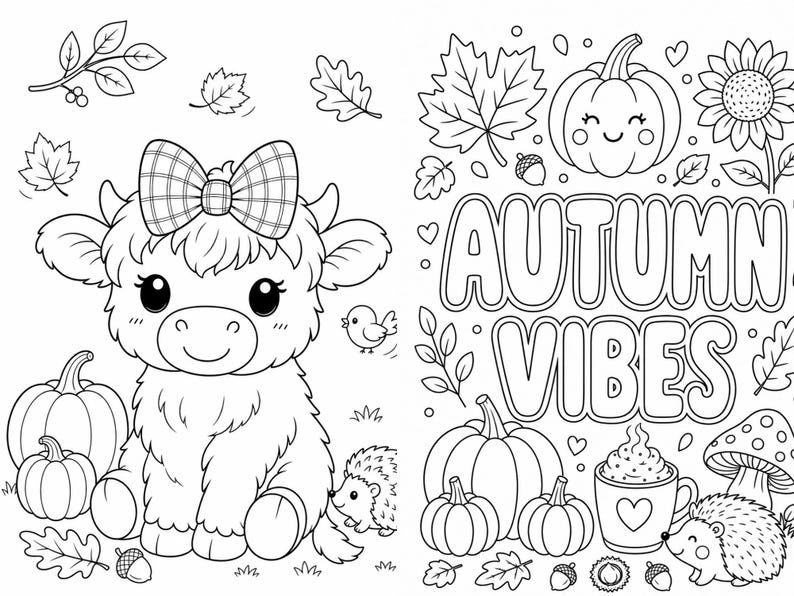 May include: A black and white coloring page featuring a fluffy highland cow with a plaid bow, surrounded by pumpkins, leaves, acorns, and a hedgehog. The right side displays the text AUTUMN VIBES above a mug, more pumpkins, and a mushroom.