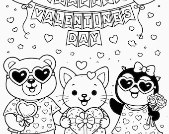 Valentine’s Day Coloring Page – Cute Animals for Kids, Printable PDF A4