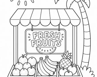 Disegni da colorare di frutta estiva per bambini / Frutta tropicale da stampare / Simpatici disegni estivi da colorare