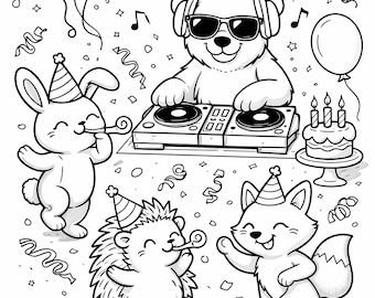 Pagina da colorare per compleanno / Festa con DJ / Animali carini / Foglio da colorare stampabile per bambini / Animali del bosco / PDF A4