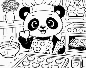 Valentine's Day Coloring Page – Panda Baking Heart Cookies | Kids Printable PDF A4