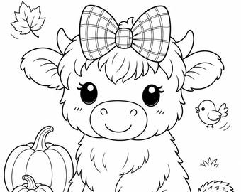 Highland Cow Coloring Page for Kids | Cute Autumn Pumpkin Printable | Fall PDF | Instant Download
