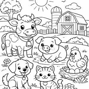 Peut inclure: Illustration en noir et blanc d'une scène de ferme avec une vache, un cochon, une poule, un chien et un chat. Une grange, un soleil, des nuages et un arbre sont également représentés. Cette page à colorier est pour enfants.