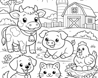 Desenho de animais da fazenda para colorir para crianças | Desenho fofo de animais da fazenda para colorir | PDF imprimível A4 | Atividade para crianças pequenas e pré-escolares