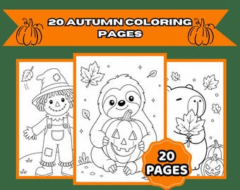 Autumn Coloring Pages Bundle, Fall Coloring Book for Kids, 20 Printable PDF Pages, Cute Animals