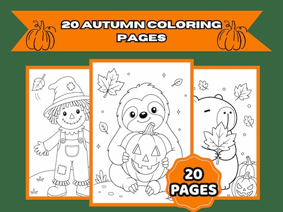 Autumn Coloring Pages Bundle, Fall Coloring Book for Kids, 20 Printable PDF Pages, Cute Animals