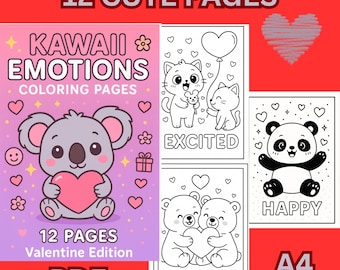 Valentine's Day Coloring Pages for Kids | 12 Kawaii Animals Emotions | Cute Valentine Coloring Book | Printable PDF A4