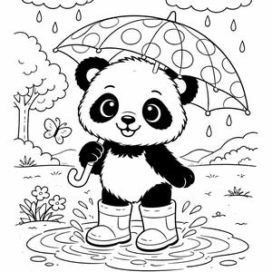 Puede incluir: Ilustraci&oacute;n en blanco y negro de un oso panda con botas de agua y un paraguas de lunares. El panda est&aacute; en un charco con gotas de lluvia cayendo. Tambi&eacute;n se ven una mariposa y flores.