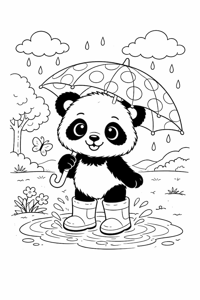Puede incluir: Ilustraci&oacute;n en blanco y negro de un oso panda con botas de agua y un paraguas de lunares. El panda est&aacute; en un charco con gotas de lluvia cayendo. Tambi&eacute;n se ven una mariposa y flores.