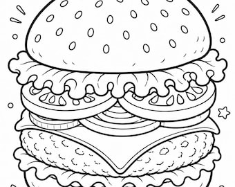 Burger Coloring Page Printable, Cute Fast Food Coloring Sheet for Kids & Adults, A4 Instant Download, Food Coloring Book Page