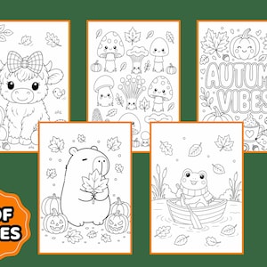 May include: A set of five printable coloring pages featuring black and white line art of a highland cow with a bow, various mushrooms, a pumpkin with the text AUTUMN VIBES, a capybara holding a leaf, and a frog in a boat, all with autumn motifs.