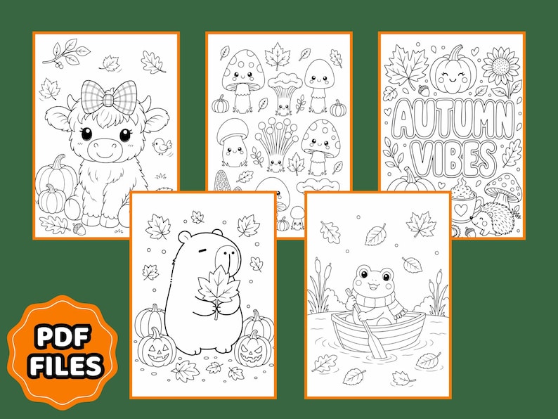 May include: A set of five printable coloring pages featuring black and white line art of a highland cow with a bow, various mushrooms, a pumpkin with the text AUTUMN VIBES, a capybara holding a leaf, and a frog in a boat, all with autumn motifs.