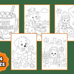 May include: Five black and white coloring pages featuring autumn themes including a mug of hot chocolate with marshmallows, an elephant with pumpkins, a child carving a pumpkin, a puppy with an acorn figure, and a hamster in a pumpkin house.