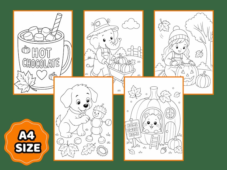 May include: Five black and white coloring pages featuring autumn themes including a mug of hot chocolate with marshmallows, an elephant with pumpkins, a child carving a pumpkin, a puppy with an acorn figure, and a hamster in a pumpkin house.