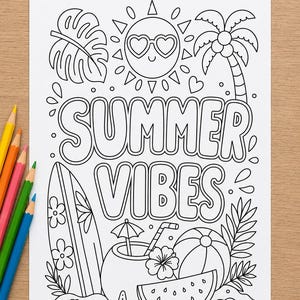 Página para colorear con ambiente veraniego / Lámina para colorear imprimible de playa tropical / Palmera, tabla de surf y sandía (PDF) imagen 2