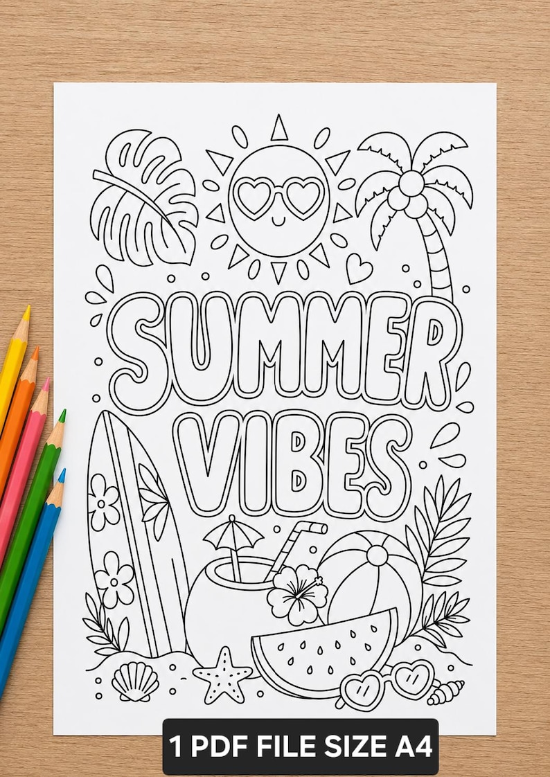Página para colorear con ambiente veraniego / Lámina para colorear imprimible de playa tropical / Palmera, tabla de surf y sandía (PDF) imagen 2