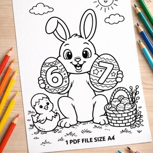 May include: Black and white Easter-themed coloring page featuring a bunny holding decorated eggs numbered 6 and 7. A chick, basket of eggs, sun, and clouds are also illustrated. The text "1 PDF FILE SIZE A4" is at the bottom. Colored pencils are in the background.