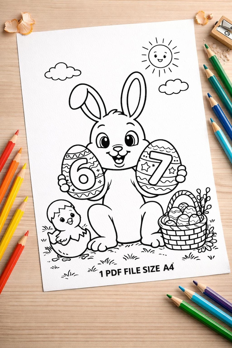 May include: Black and white Easter-themed coloring page featuring a bunny holding decorated eggs numbered 6 and 7. A chick, basket of eggs, sun, and clouds are also illustrated. The text "1 PDF FILE SIZE A4" is at the bottom. Colored pencils are in the background.