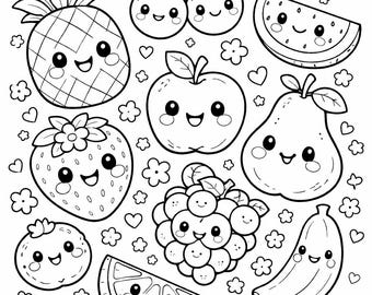 Pagine da colorare di frutta kawaii per bambini - Libro da colorare con cibo carino, PDF A4 stampabile, attività divertenti con la frutta estiva