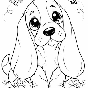 Puede incluir: Una ilustración de arte lineal en blanco y negro de un cachorro con orejas largas sentado en un campo de flores. El cachorro tiene ojos grandes y una pequeña lengua asomando. Una mariposa está a la izquierda y un abejorro a la derecha.