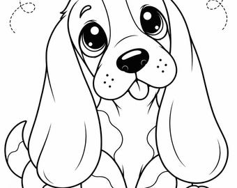 Basset Hound Coloring Page for Kids, Cute Puppy Printable, Spring Dog Coloring Sheet, A4 PDF, Instant Download