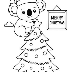 Puede incluir: Ilustración en blanco y negro de un koala con gorro de Papá Noel, colocando una estrella en la cima de un árbol de Navidad. Un letrero con la frase "MERRY CHRISTMAS" está cerca. Diseño festivo navideño.